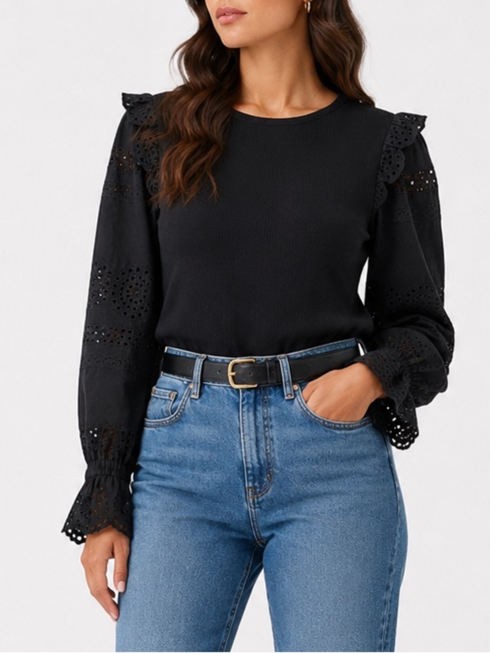 NWT‎ J.Crew Ribbed Eyelet Puff Sleeve Top Black Size small